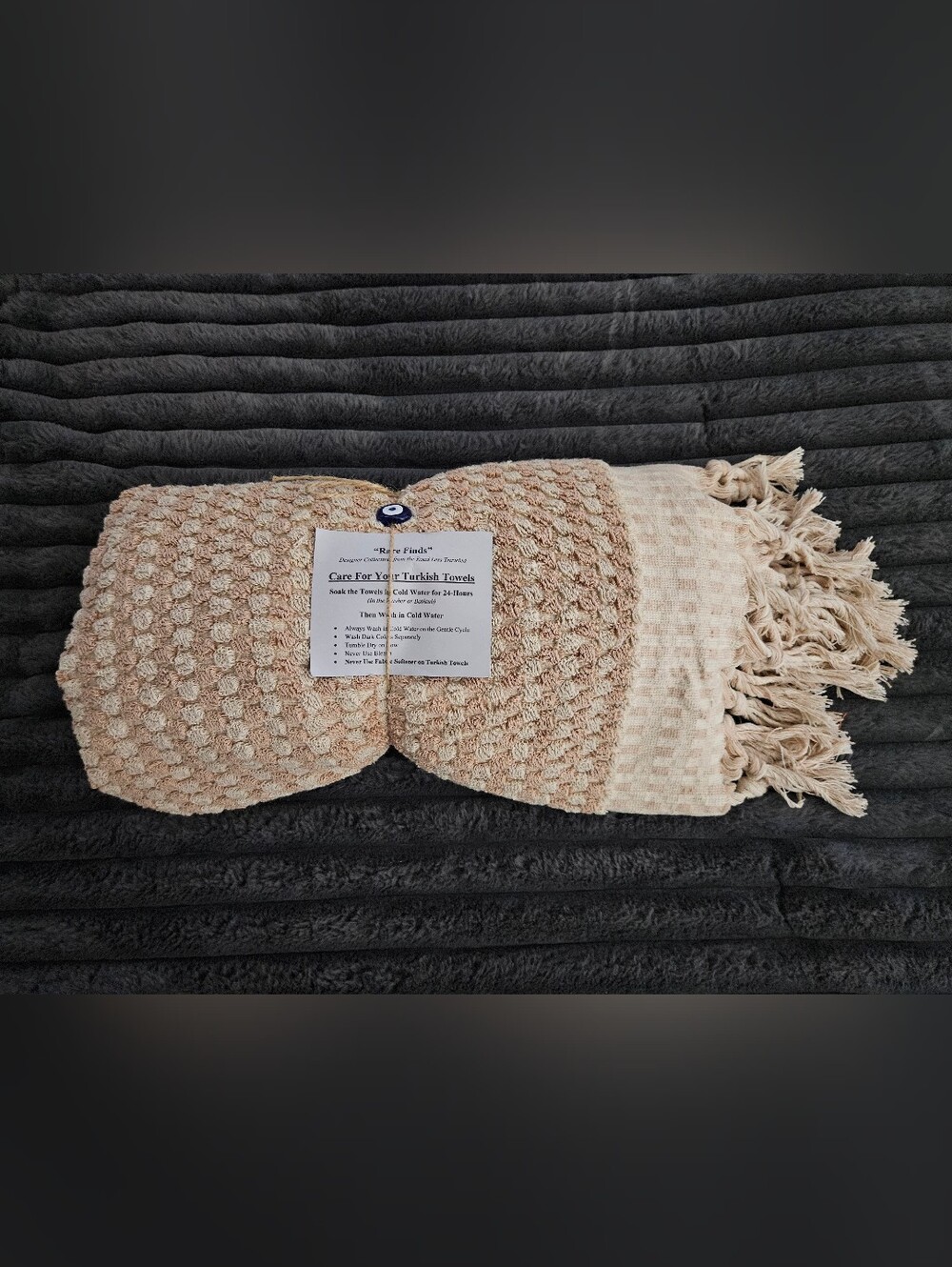 NWT Turkish Cotton Waffle-weave Towel Beige Textured with Tassels Soft Large